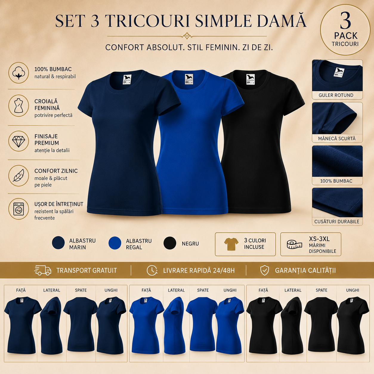 Set 3 tricouri damă 100% bumbac casual clasic albastru marin albastru regal negru transport gratuit